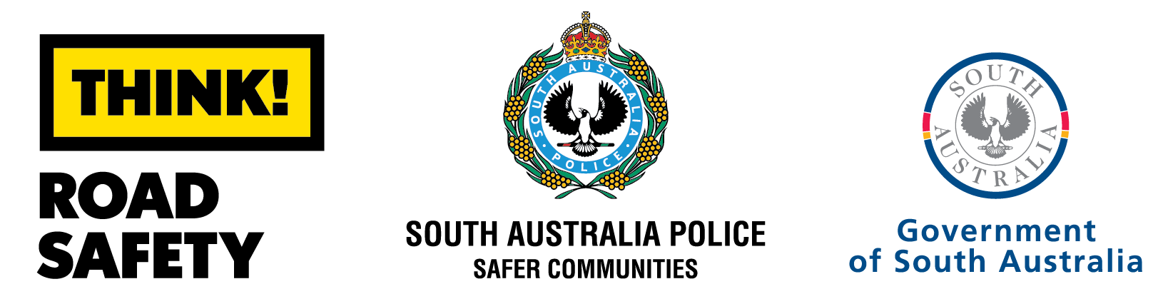 THINK! Road Safety, SA Police and South Australian Government logos